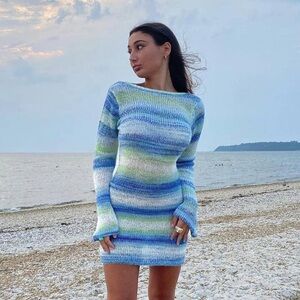 Sweetkama Backless Blue & Green Striped Knit Sweater Dress NWT L